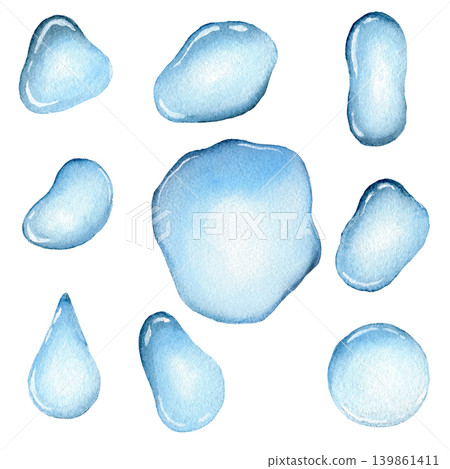 Blue water drops. Watercolor illustration of pure falling water drop. Watercolor painting for banners, postcards, websites, design, cards Blue water drops. Watercolor illustration of pure falling water drop. Watercolor painting for banners, postcards, websites, design, cards 139861411