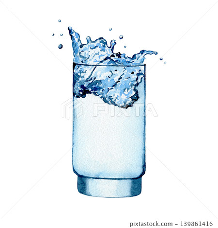 Glass of water. Hand drawn watercolor illustration. Fresh healthy beverage. Watercolor painting for banners, postcards, websites, design, cards 139861416