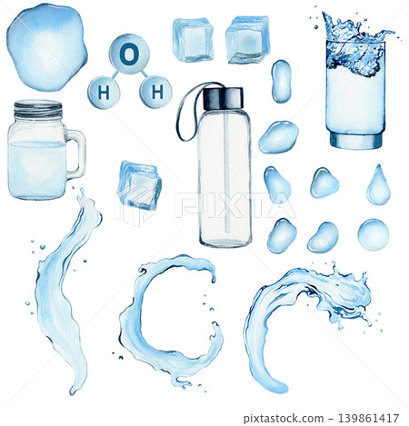 Watercolor illustration set of water drops, splashes, ice blocks, bottle, cups. Set of watercolor blue and cyan water splashes. Water packaging icon Watercolor illustration set of water drops, splashes, ice blocks, bottle, cups. Set of watercolor blue and cyan water splashes. Water packaging icon 139861417