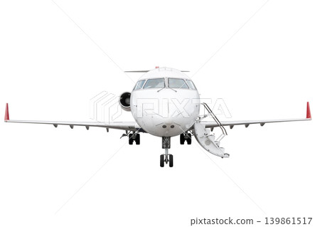 Front view of the regional jet with an opened gangway isolated on white background Front view of the regional jet with an opened gangway isolated on white background 139861517