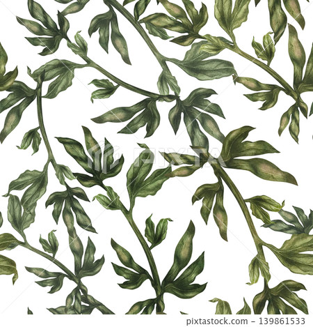 Dynamic watercolor botanical seamless pattern with diagonally arranged flowing leafy branches. Natural movement and soft green tones create an elegant organic rhythm for textiles, wallpaper, packaging 139861533
