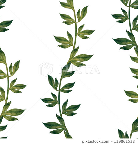 Structured watercolor floral seamless pattern with vertical leafy branches forming a gentle striped rhythm. Elegant soft natural texture and calm botanical style. Ideal for fabric and surface design 139861538