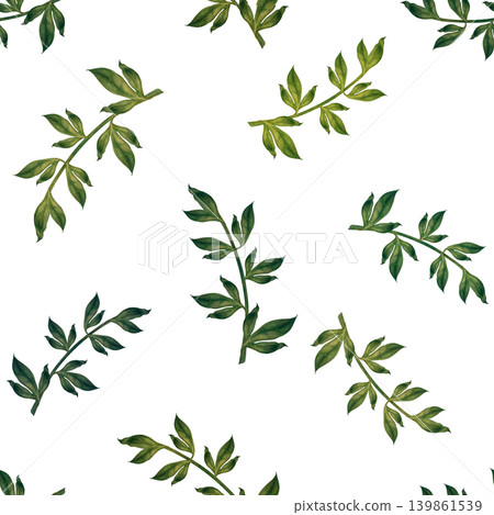 Light floral ditsy seamless pattern with tiny green leafy elements scattered evenly. Elegant watercolor airy composition and soft natural tones. Perfect for textiles, wrapping, scrapbook, stationery 139861539