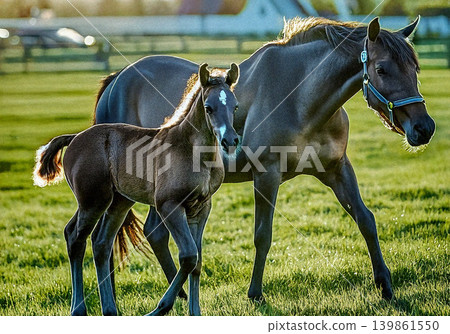 A mother and foal horse running together in a green field. A mother and foal horse running together in a green field. 139861550