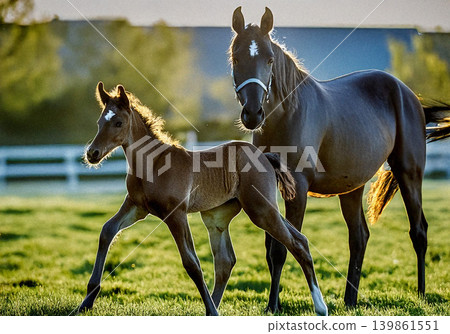 A mother and foal horse running together in a green field. A mother and foal horse running together in a green field. 139861551