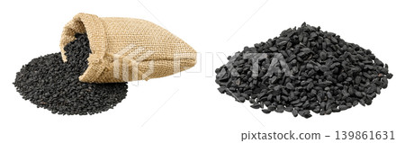 Nigella sativa or Black cumin in a bag isolated on white background Nigella sativa or Black cumin in a bag isolated on white background 139861631