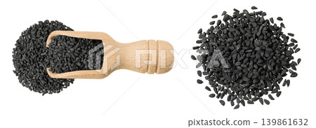 Nigella sativa or Black cumin in wooden scoop isolated on white background. Top view. Flat lay Nigella sativa or Black cumin in wooden scoop isolated on white background. Top view. Flat lay 139861632