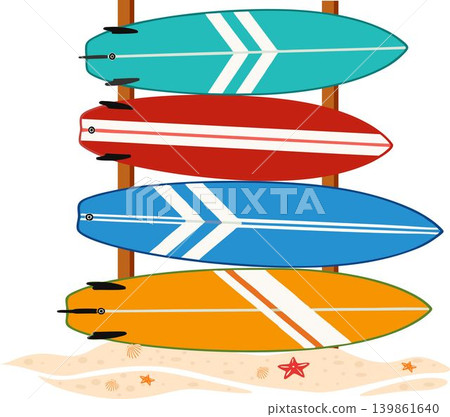 Set of four colorful surfboards standing on a wooden rack on a sandy beach Set of four colorful surfboards standing on a wooden rack on a sandy beach 139861640
