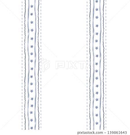Seamless pattern with illustration light blue vertical stripes in crooked edges stripe and drops and forget-me-nots flowers. Repeat ornament with striped ribbons design. Background for textile Seamless pattern with illustration light blue vertical stripes in crooked edges stripe and drops and forget-me-nots flowers. Repeat ornament with striped ribbons design. Background for textile 139861643