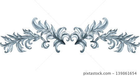 Elegant watercolor ornamental divider in vintage Victorian style. Decorative botanical horizontal flourish border in soft Wedgwood gray for invitations, branding, packaging, patterns, editorial design Elegant watercolor ornamental divider in vintage Victorian style. Decorative botanical horizontal flourish border in soft Wedgwood gray for invitations, branding, packaging, patterns, editorial design 139861654