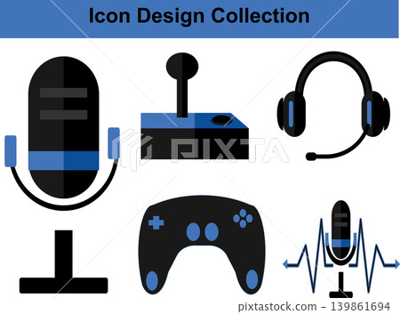 A collection of flat design icons for gaming, streaming, and audio equipment in blue and black colors. A collection of flat design icons for gaming, streaming, and audio equipment in blue and black colors. 139861694
