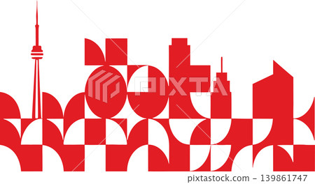 A stylized red and white graphic representation of the Toronto skyline featuring the CN Tower and abstract geometric buildings. A stylized red and white graphic representation of the Toronto skyline featuring the CN Tower and abstract geometric buildings. 139861747