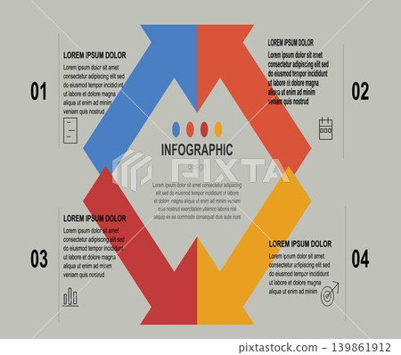 Infographic loop arrows red yellow blue geometric design numbered sections business presentation Infographic loop arrows red yellow blue geometric design numbered sections business presentation 139861912