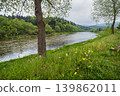 Spring picturesque river band view. Mountains scenery view behind (Stryi river near Skhidnytsya village, Ukraine.) 139862011