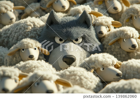 A felt wolf mingled with a flock of sheep. Odd one out. Wolf among sheep. A felt wolf mingled with a flock of sheep. Odd one out. Wolf among sheep. 139862060