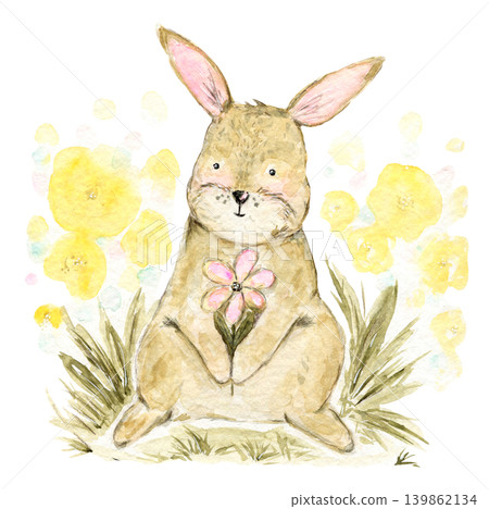 Cute lovely spring watercolor painting brown baby rabbit with pink flower in meadow grass. Watercolour little hare illustration for Easter greeting cards, baby shower poster, sticker Cute lovely spring watercolor painting brown baby rabbit with pink flower in meadow grass. Watercolour little hare illustration for Easter greeting cards, baby shower poster, sticker 139862134