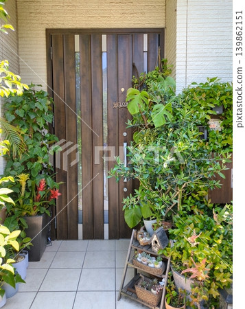 綠意盎然的入口通道;居住在被室內植物環繞的獨立式住宅中;住宅外觀;園藝用品。 綠意盎然的入口通道;居住在被室內植物環繞的獨立式住宅中;住宅外觀;園藝用品。 139862151