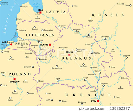Belarus and vicinity, political map. Country in Eastern Europe, with capital Minsk, bordered by Russia, Ukraine, Poland, Lithuania, and Latvia. With Suwalki Gap, shortest path to Kaliningrad. Vector 139862277