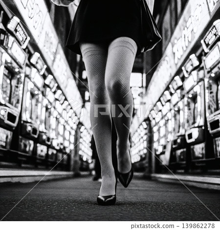 A stylish figure walks through a vibrant and dynamic alley lined with colorful slot machines. 139862278