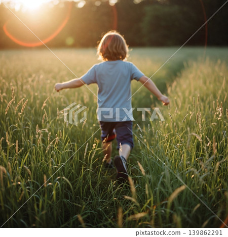Child Running Freely Through a Lush Green Field at Sunset Child Running Freely Through a Lush Green Field at Sunset 139862291
