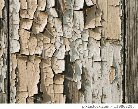 Close-Up of Old Peeling Paint on a Weathered Wooden Surface - Aesthetic Detail. Close-Up of Old Peeling Paint on a Weathered Wooden Surface - Aesthetic Detail. 139862293
