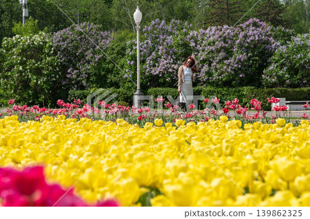 Woman stands behind bright yellow tulip field in spring garden with pink flowers, lilac bushes and green park foliage under sunny sky. Floral advertising, park tourism, spring fashion 139862325
