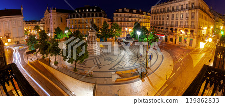 Night view of Camoes Square with illuminated streets in Lisbon Portugal 139862833