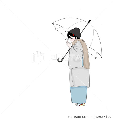 下雪天，一位穿著和服的女子正在暖手。 139863199