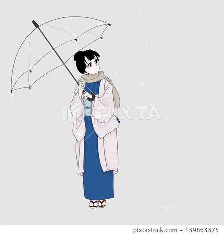 一位身著和服的女子仰望著雪景-冬日景象 一位身著和服的女子仰望著雪景-冬日景象 139863375