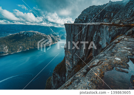 Lysefjord and Preikestolen cliff summer view in Norway with no people Lysefjord and Preikestolen cliff summer view in Norway with no people 139863605