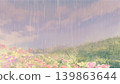 雨後花田的景色，柔和的粉紅彩色調，營造出雨天的氛圍。 139863644