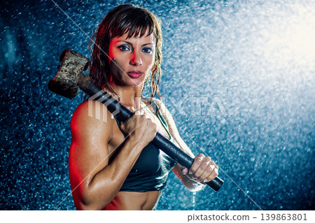 Young sports woman with hammer and water portrait Young sports woman with hammer and water portrait 139863801