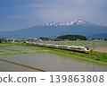 The limited express train "Inaho" runs with Mount Chokai in the background during springtime. The limited express train "Inaho" runs with Mount Chokai in the background during springtime. 139863808