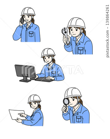 Female worker helmet 5-piece set: phone reporting, inspection, tool check, computer operation, document check (illustration) Female worker helmet 5-piece set: phone reporting, inspection, tool check, computer operation, document check (illustration) 139864261
