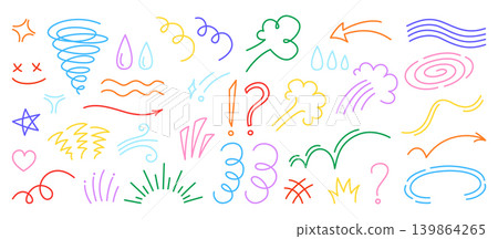 Hand drawn comic doodle element set cartoon emoji shock emotions shape crayon anime expression marks Hand drawn comic doodle element set cartoon emoji shock emotions shape crayon anime expression marks 139864265