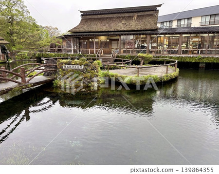 忍野八海的茅草屋頂水車和清新的綠色景色 139864355