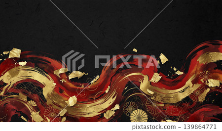 黑色日本紙作為背景，上面繪有強烈的深紅色和金色筆觸，底部飾以琺瑯彩和菊花圖案。 139864771