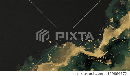 左下角是一張黑色的日本紙背景，上面用紫藤紫和金色寫著優雅的書法，還有針形和櫻花圖案。 139864772