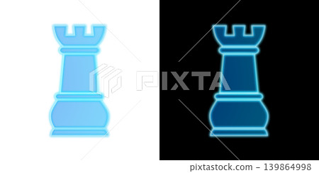 Shining blue neon chess rook, transparent and black background castle piece icon material Shining blue neon chess rook, transparent and black background castle piece icon material 139864998