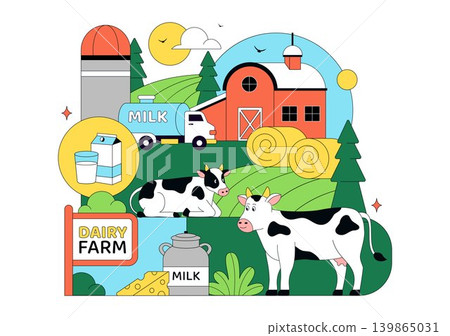 Daily Farm Vector Illustration Featuring Dairy Cattle, Fresh Milk Production, Rural Agriculture Landscape and Organic Farming Design Daily Farm Vector Illustration Featuring Dairy Cattle, Fresh Milk Production, Rural Agriculture Landscape and Organic Farming Design 139865031