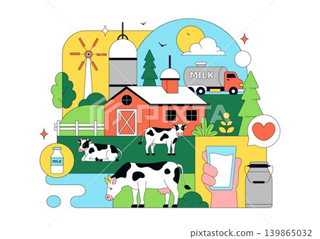 Daily Farm Vector Illustration Featuring Dairy Cattle, Fresh Milk Production, Rural Agriculture Landscape and Organic Farming Design Daily Farm Vector Illustration Featuring Dairy Cattle, Fresh Milk Production, Rural Agriculture Landscape and Organic Farming Design 139865032
