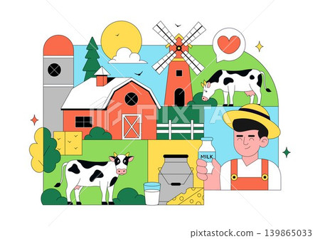 Daily Farm Vector Illustration Featuring Dairy Cattle, Fresh Milk Production, Rural Agriculture Landscape and Organic Farming Design Daily Farm Vector Illustration Featuring Dairy Cattle, Fresh Milk Production, Rural Agriculture Landscape and Organic Farming Design 139865033