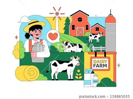 Daily Farm Vector Illustration Featuring Dairy Cattle, Fresh Milk Production, Rural Agriculture Landscape and Organic Farming Design Daily Farm Vector Illustration Featuring Dairy Cattle, Fresh Milk Production, Rural Agriculture Landscape and Organic Farming Design 139865035
