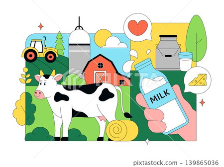 Daily Farm Vector Illustration Featuring Dairy Cattle, Fresh Milk Production, Rural Agriculture Landscape and Organic Farming Design 139865036