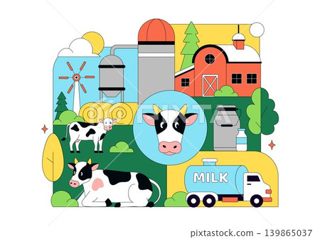 Daily Farm Vector Illustration Featuring Dairy Cattle, Fresh Milk Production, Rural Agriculture Landscape and Organic Farming Design 139865037
