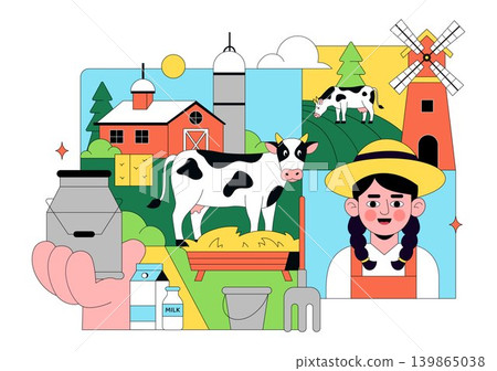 Daily Farm Vector Illustration Featuring Dairy Cattle, Fresh Milk Production, Rural Agriculture Landscape and Organic Farming Design Daily Farm Vector Illustration Featuring Dairy Cattle, Fresh Milk Production, Rural Agriculture Landscape and Organic Farming Design 139865038