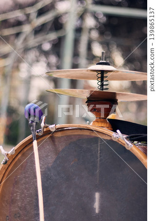 Detail of a musical instrument, bass drum and cymbals belonging to a chinchinera, a female street musician who dances and plays her drum in the streets. Chilean heritage, Chilean culture, 139865137