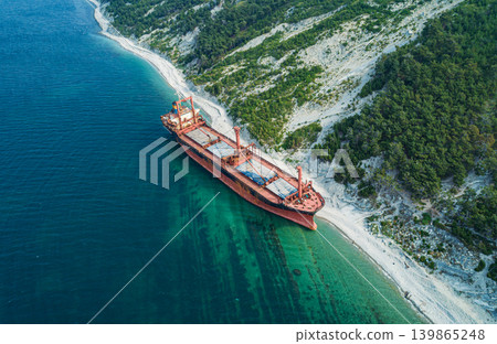 Stranded bulk carrier resting on a rocky shore beside a vibrant green forested hillside during daytime 139865248