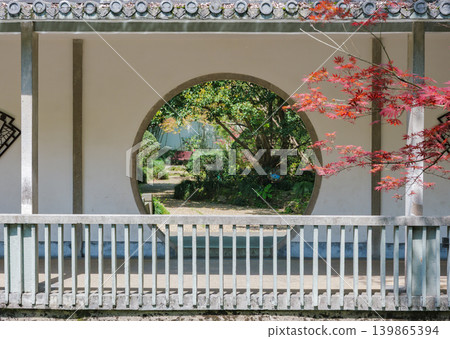 Circular opening in a white wall frames a vibrant Chinese garden scene with lush green trees and a striking red maple Circular opening in a white wall frames a vibrant Chinese garden scene with lush green trees and a striking red maple 139865394