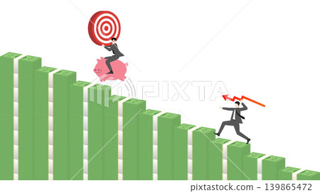 Businessman throwing red downward trend arrow at competitor riding piggy bank holding target on decreasing stacks of dollar banknotes bar chart background for financial investment loss 139865472